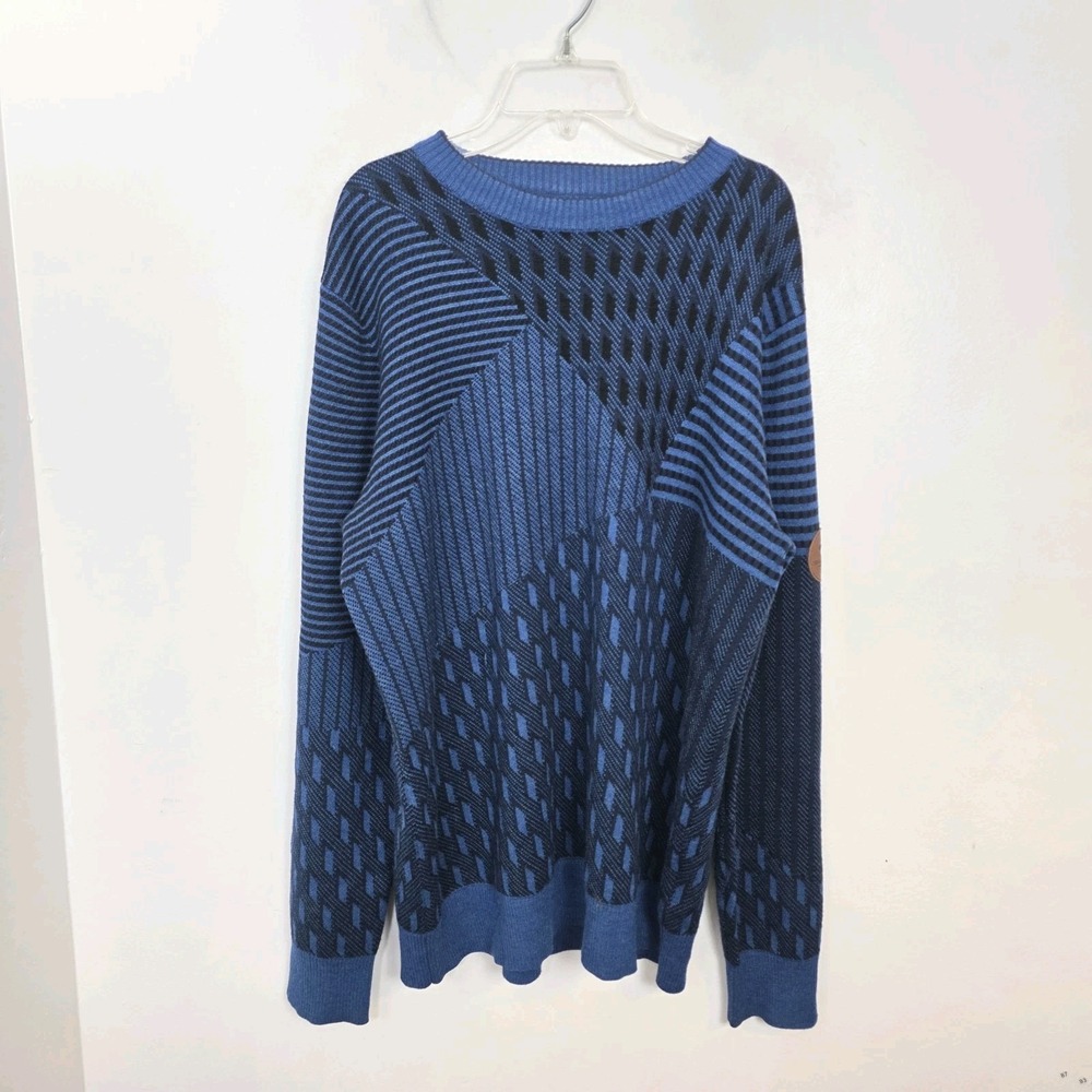 Obermeyer Blue Black Geometric Hyde Crewneck Merino Wool Blend Sweater Size M